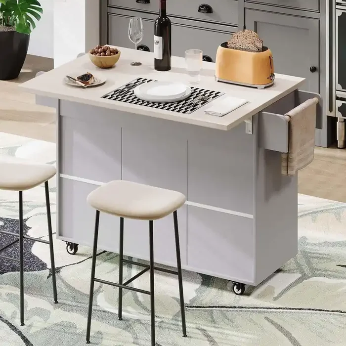 Gray Wood 51 in. Kitchen Island with Drawers&Drop Leaf, Kitchen Cart with Trash Can, Rolling Storage Cabinet on Wheels