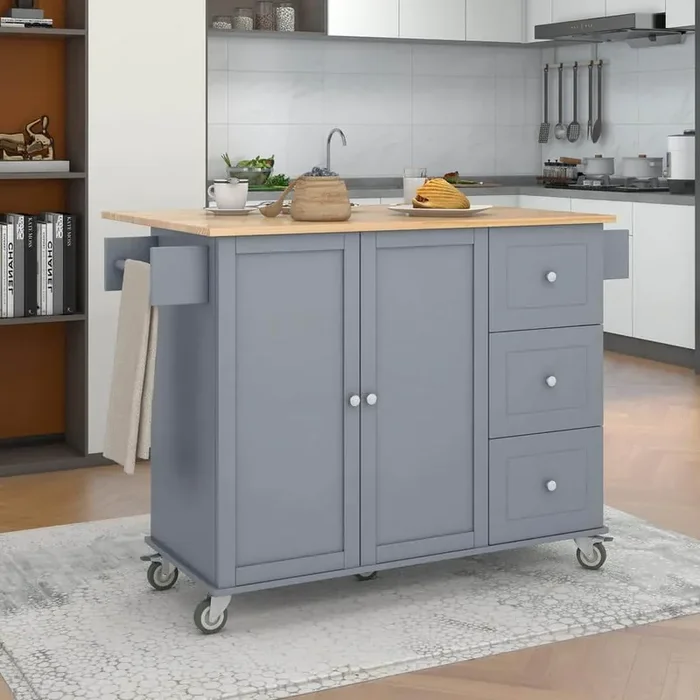 Gray Wood 52.7 in. Kitchen Island with Drawers