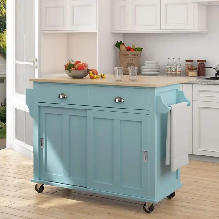 Green Drop Leaf Wood Top 52 in. Kitchen Island Cart with Sliding Door, 4 Wheels, Storage Cabinet and 2 Drawers