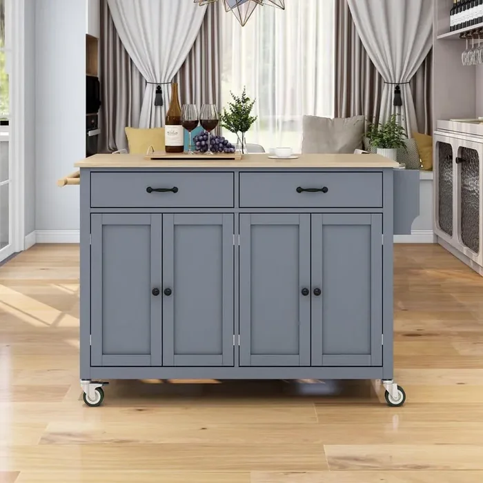 Grey Blue Rolling Kitchen Cart with Solid Wood Top and Towel Rack