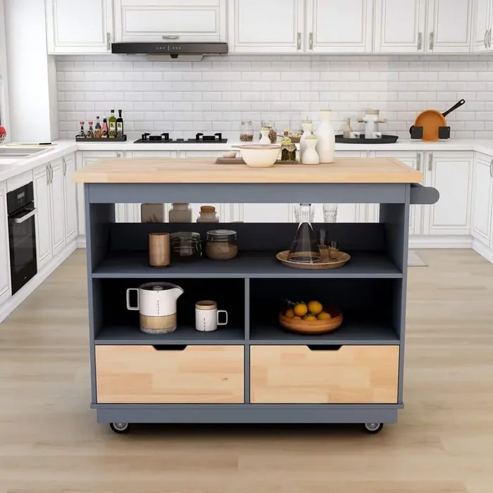 Grey Blue Rubber Wood Kitchen Cart with Spice Rack and Towel Rack