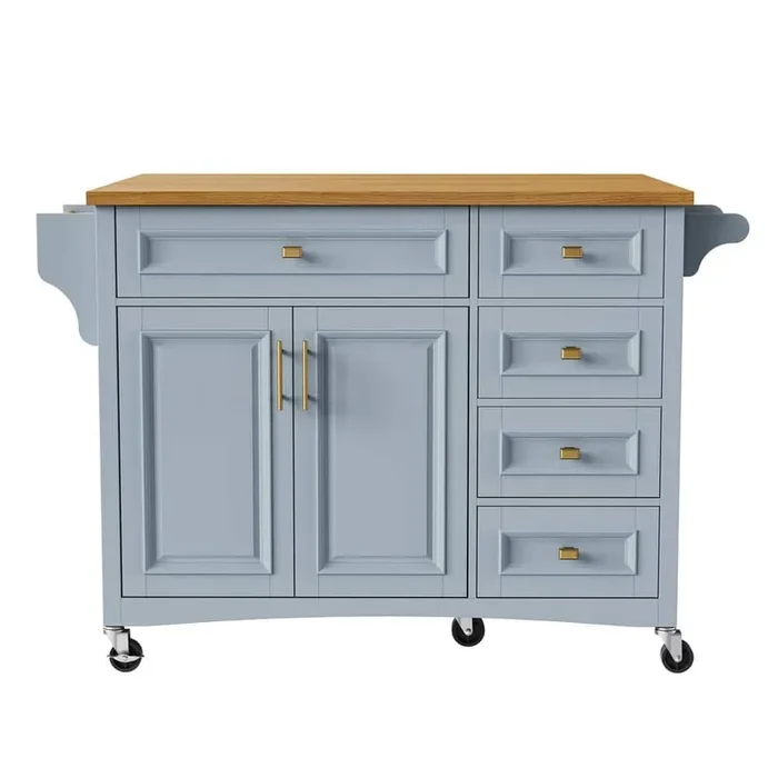 Grey Blue Rubber Wood Tabletop 52 in. Kitchen Island on 5 Wheels with Drop Leaf, 2 Doors and 5 Drawers