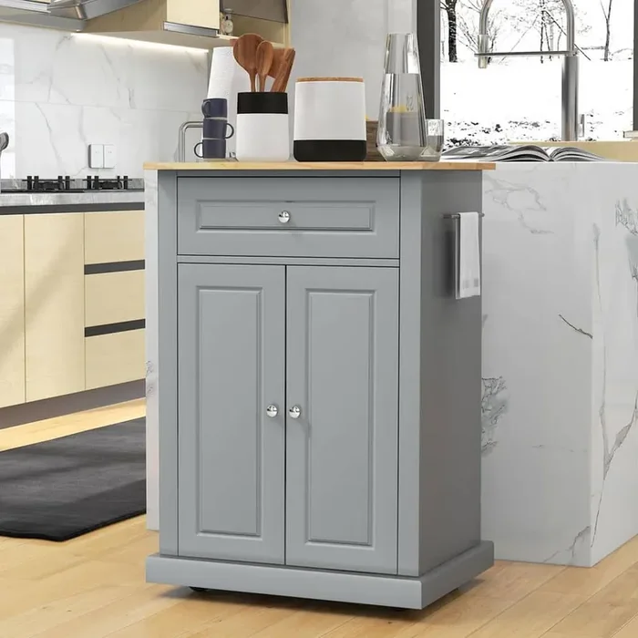 Grey Solid Wood Top 18 in. Kitchen Island Cart with 2 Door Cabinet and Drawers