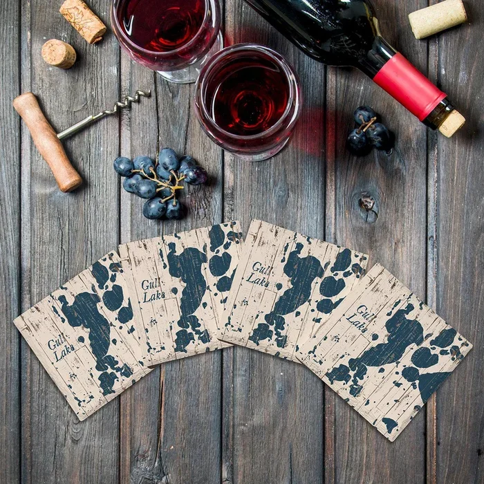Gull Lake, Michigan Shabby Blue Map |Drink Coaster Set