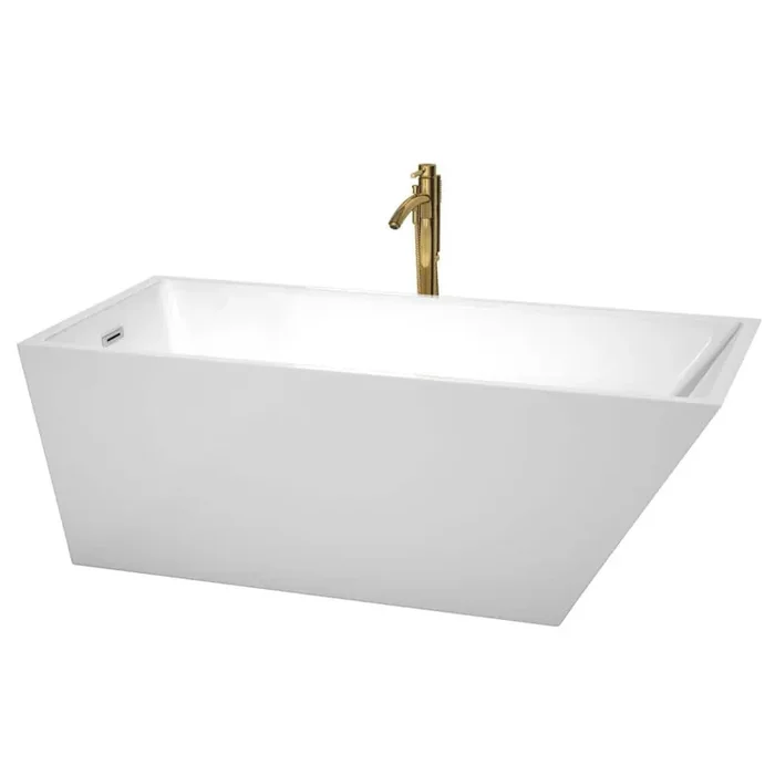 Hannah 67 in. Acrylic Flatbottom Bathtub in White with Polished Chrome Trim and Brushed Gold Faucet