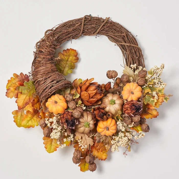 Harvest Homecoming – Brown Artichoke, Orange Pumpkin, Fall Berry & Oak Leaf Thanksgiving Cornucopia Wreath