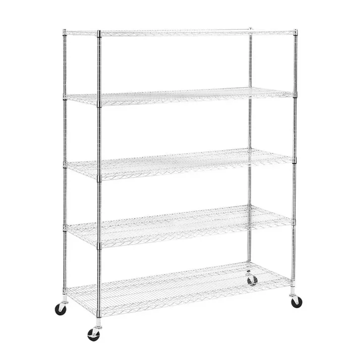 Heavy Duty 5-Shelf Silver Adjustable Rack with Adjustable Feet and Mobile Wheels