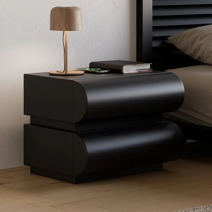 Humply Modern Black Leather Smart Nightstand with Wireless Charger Drawers Set of 2
