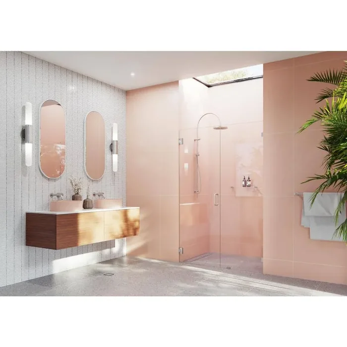 Illume 49.5 in. W x 78 in. H Wall Hinged Frameless Shower Door in Brushed Nickel Finish with Clear Glass