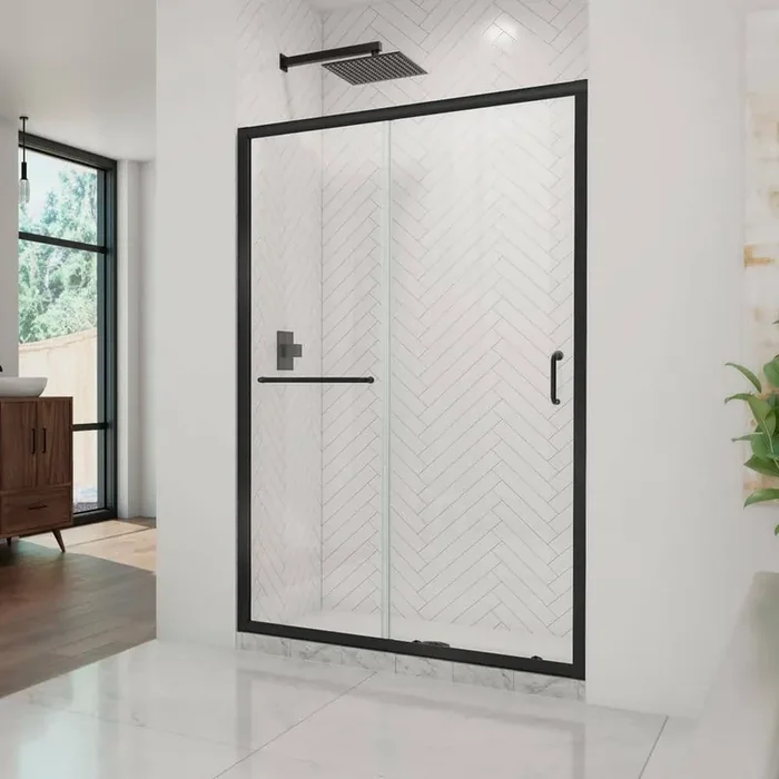 Infinity-Z 44 in. – 48 in. W x 72 in. H Semi Frameless Sliding Shower Door in Matte Black with Clear Glass