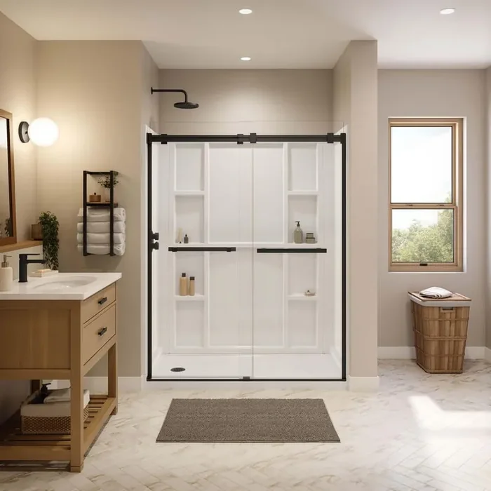 Interflo 60 in. L x 30 in. W x 73 in. H 5-Piece Alcove Shower Kit with Direct-to-Stud Walls and Left Drain Shower Pan