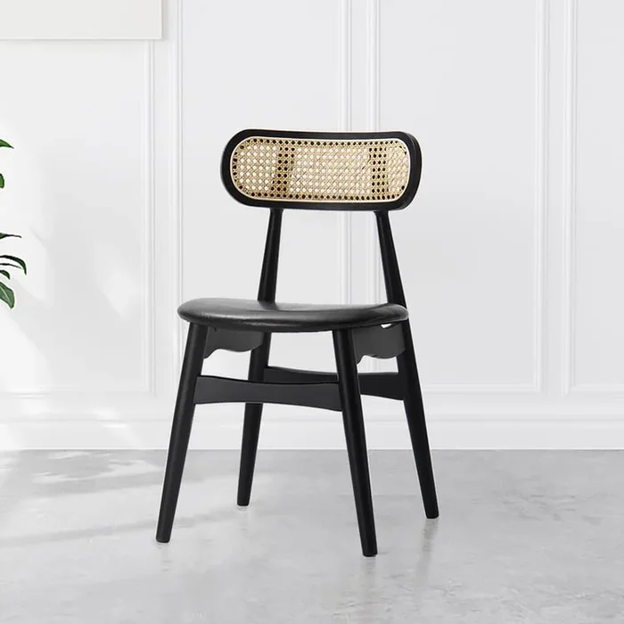 Japandi Rattan Leather Dining Chair with Ash Wood and Faux Leather in Black Finish