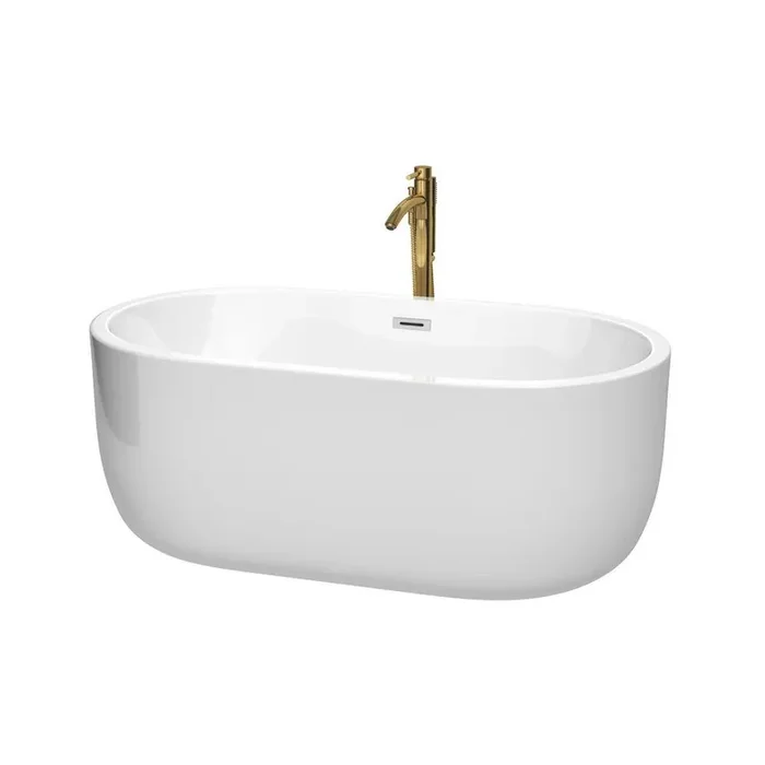 Juliette 60 in. Acrylic Flatbottom Bathtub in White with Polished Chrome Trim and Brushed Gold Faucet