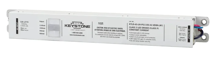 Keystone LED Driver 45W Selectable Output Currents Include 900Ma-1100Ma 20-42VDC Output Voltage 0-10V Dimming (KTLD-45-UV-PS1100-42-VDIM-LM1)