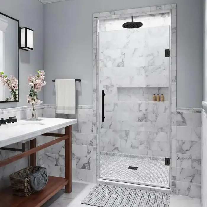 Kinkade 22.75 – 23.25 in. W x 72 in. H Frameless Hinged Shower Door with StarCast Clear Glass in Matte Black