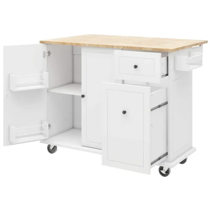 Kitchen Cart on Wheels with Drop Leaf and 3-Tier Pull Out Organizer, Spice Rack, Towel Rack in White