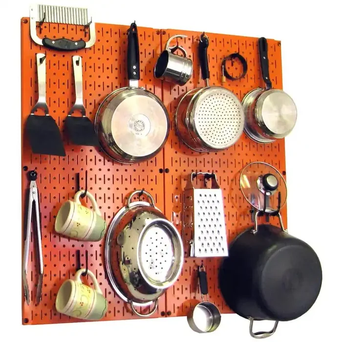 Kitchen Pegboard 32 in. x 32 in. Metal Peg Board Pantry Organizer Kitchen Pot Rack Orange Pegboard and Black Peg Hooks