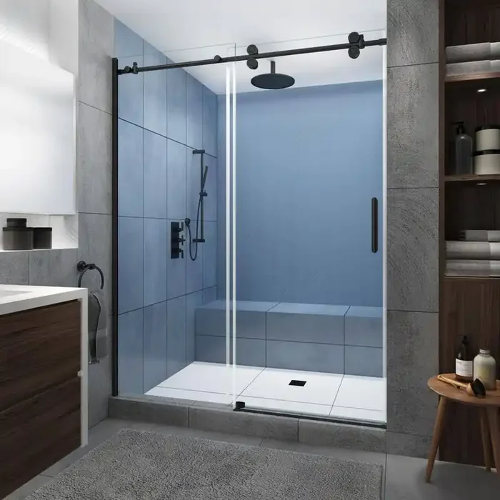 Langham XL 60 in. – 64 in. x 80 in. Frameless Sliding Shower Door with StarCast Clear Glass in Matte Black, Right Hand