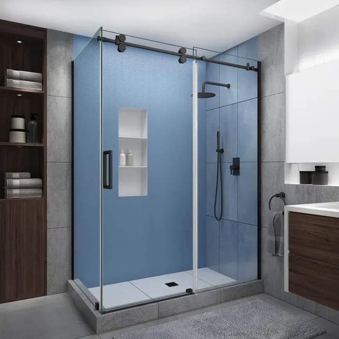 Langham XL 68 in. – 72 in. x 38 in. x 80 in. Sliding Frameless Shower Enclosure, StarCast Clear Glass in Bronze, Left