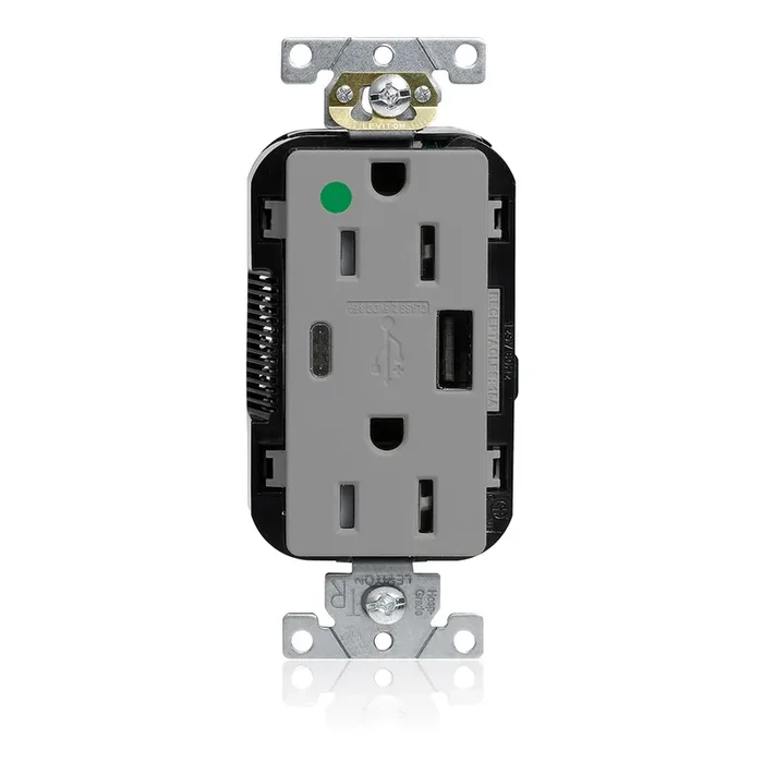 Leviton 15A Lev-Lok USB Tamper-Resistant Hospital-Grade Outlet Type A-C Gray (M56AC-HGG)