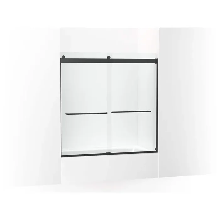 Levity 54-57 in. W x 60 in. H Frameless Sliding Tub Door in Matte Black with Towel Bar