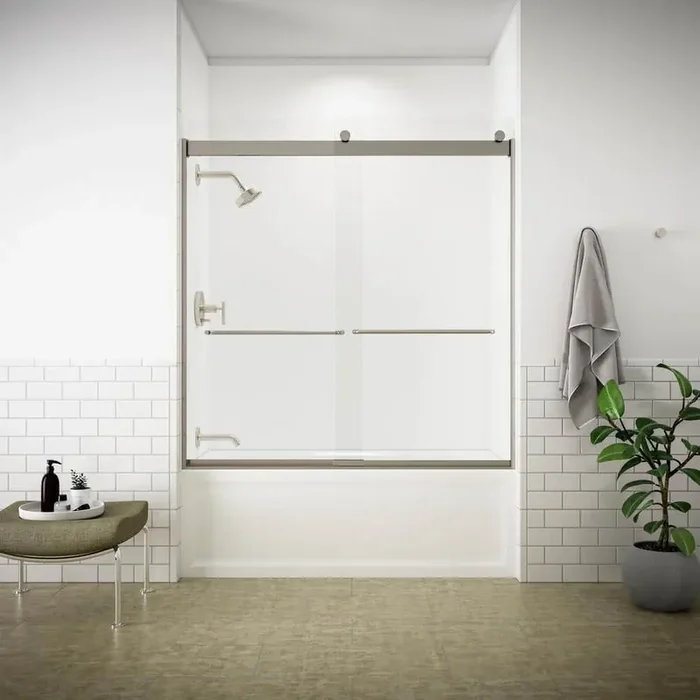 Levity 54-57 in. W x 60 in. H Semi-Frameless Sliding Tub Door in Nickel with 1/4 in. Thick Clear Glass and Towel Bar