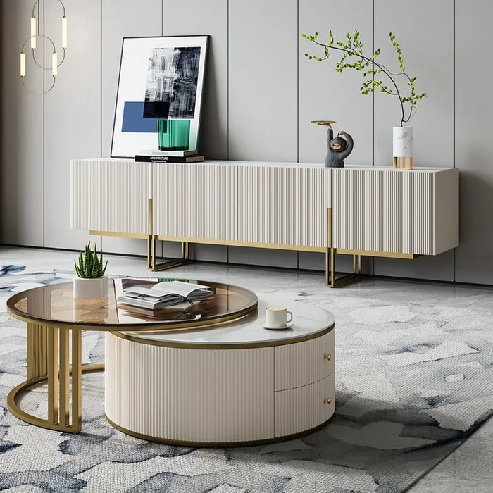 Living Room Set 78.7″ Off White TV Stand & Round Glass Nesting Coffee Table with Storage