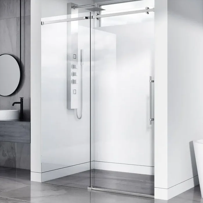 Luca 56 to 60 in. W x 79 in. H Sliding Frameless Shower Door in Stainless Steel with 3/8 in. (10mm) Clear Glass