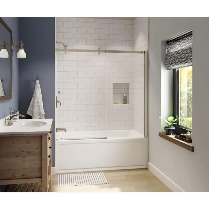 Luminescence 59 in. x 57-1/2 in. Frameless Sliding Tub Door in Brushed Nickel