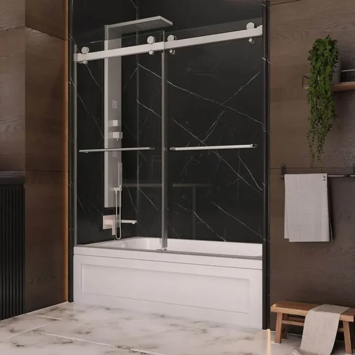 Luna 58 in. – 60 in. W x 60-1/2 in. H Frameless Bypassing Sliding Tub Door in Brushed Nickel