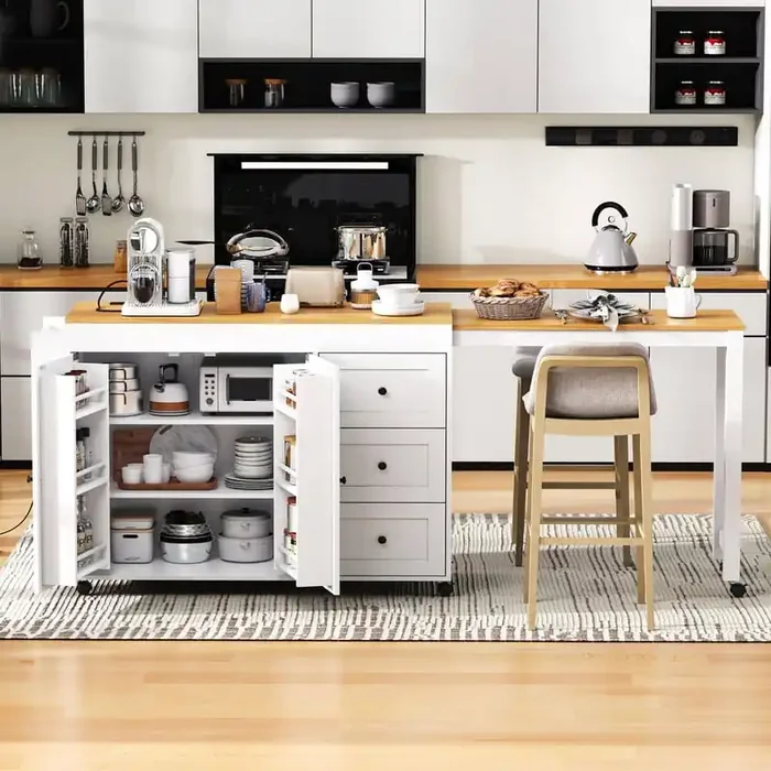 Luxury White Wood 74.8 in. Power Outlet Rolling Kitchen Island Extendable Dining Table with 3-Drawer and 2-Door