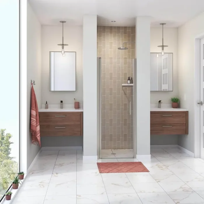Manhattan 25 in. to 27 in. W in. x 68 in. H Pivot Frameless Shower Door with Clear Glass in Brushed Nickel