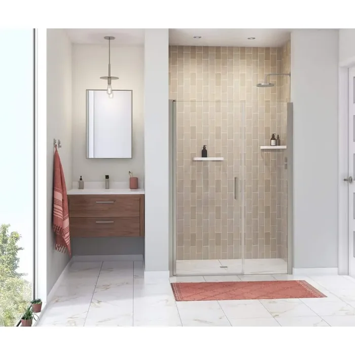 Manhattan 47 in. to 49 in. W x 68 in. H Frameless Pivot Shower Door Clear Glass in Brushed Nickel