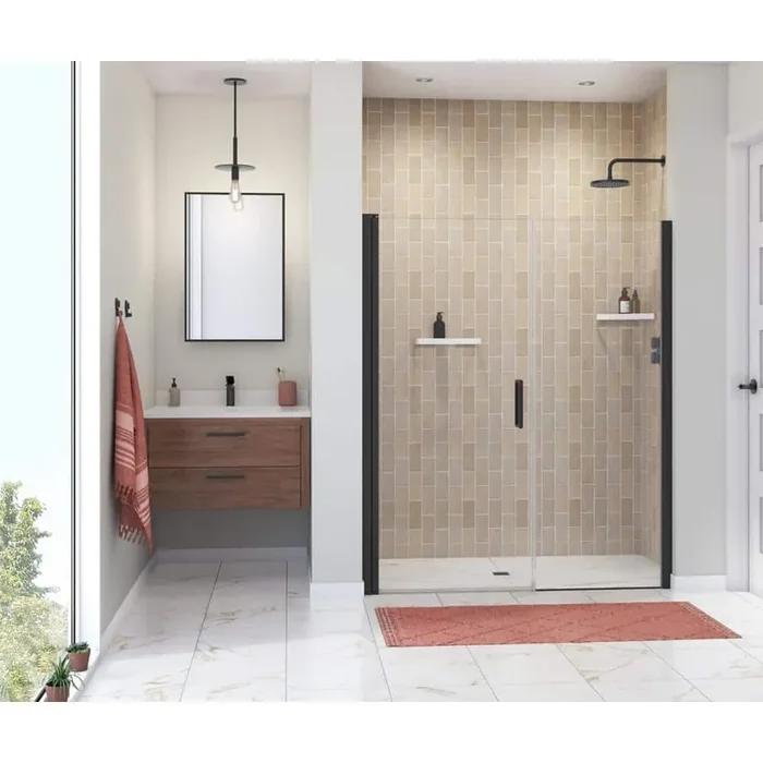 Manhattan 57 in. to 59 in. W in. x 68 in. H Frameless Pivot Shower Door with Clear Glass in Matte Black