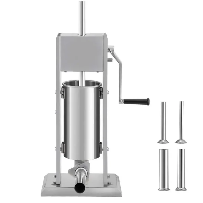 Manual Sausage Stuffer, 5 L Capacity, 304 Stainless Steel Vertical Filling Machine, 4-Tubes, Suction Base for Commercial