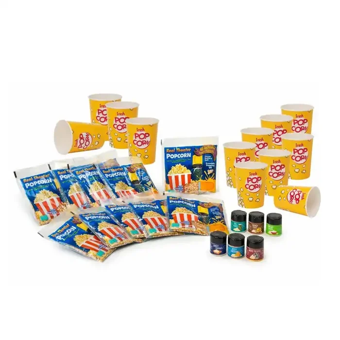 Mega Sized 28-Piece Popcorn Set with 10 All-Inclusive Real Theater Popping Kits, 6 Seasoning Flavors and 12-Tubs