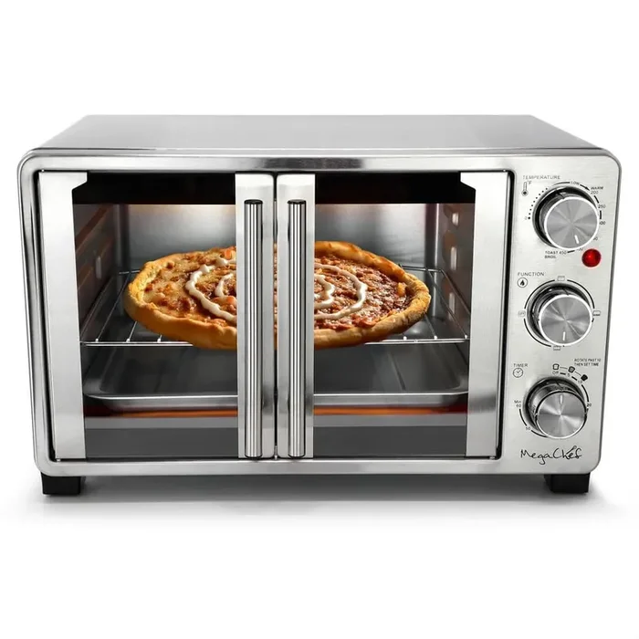MegaChef 25 Liter Stainless Steel French Door Multi-Function Electric Toaster Oven with Rotisserie Set