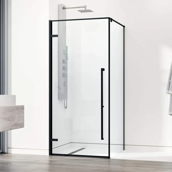 Meridian 34 in. L x 34 in. W x 76 in. H Framed Pivot Corner Shower Enclosure in Matte Black with 3/8 in. Clear Glass