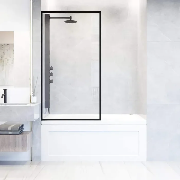 Meridian 34 in. W x 62 in. H Framed Fixed Tub Screen Door in Matte Black with 3/8 in. (10mm) Clear Glass