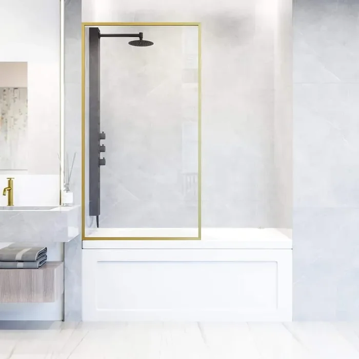 Meridian 34 in. W x 62 in. H Framed Fixed Tub Screen Door in Matte Brushed Gold with 3/8 in. (10mm) Clear Glass