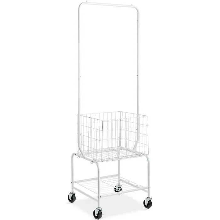 Metal Rolling Laundry Basket with Hanging Garment Rack, Height Adjustment Laundry Hamper Cart White Kitchen Cart
