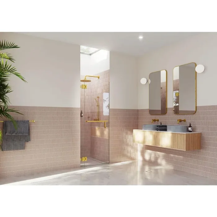Mimas 31.5 in. W x 78 in. H Glass Hinged Frameless Towel Bar Shower Door in Satin Brass Finish with Clear Glass