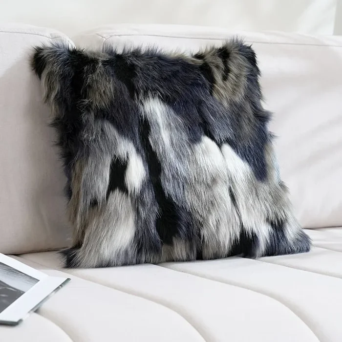Modern Blue and Grey Faux Fur Throw Pillowcase Black velvet Throw Pillow Cover