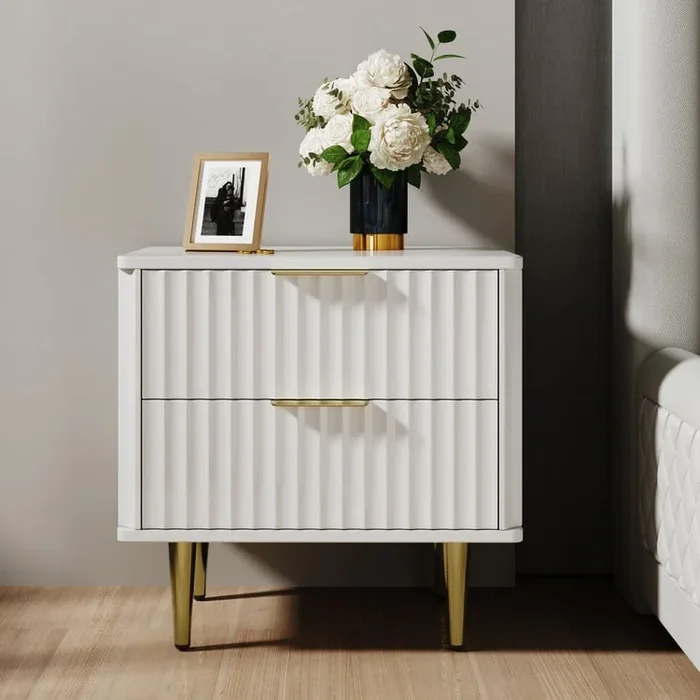 Modern White Nightstand with 2 Drawers Bedside Table with Gold Legs Set of 2