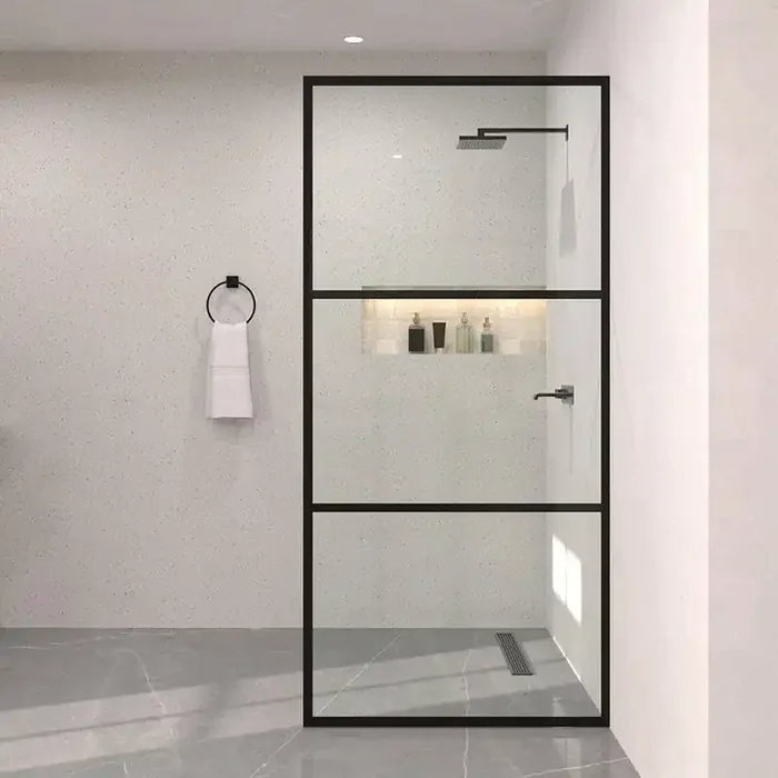 Monture 34 in. W x 72 in. H Fixed Framed Shower Screen Door in Matte Black with Patterned Glass