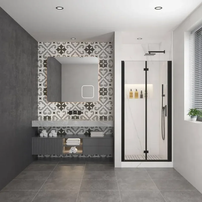 Moray 32 in. W x 72 in. H Universal Pivot Frame Shower Door in Matte Black Finish with Clear Glass