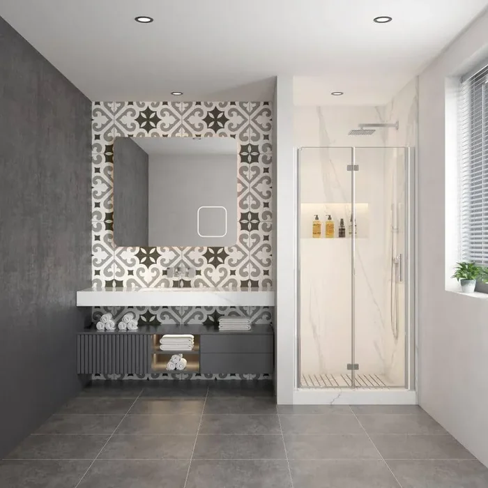 Moray 32 in. W x 72 in. H Universal Pivot Frame Shower Door in Polished Chrome Finish with Clear Glass