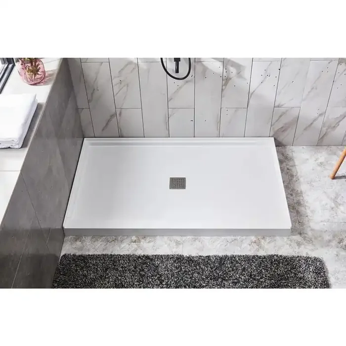 Moray 48 in. L x 36 in. W Threshold Alcove Shower Pan Base in White with Center Drain and Stainless Steel Cover