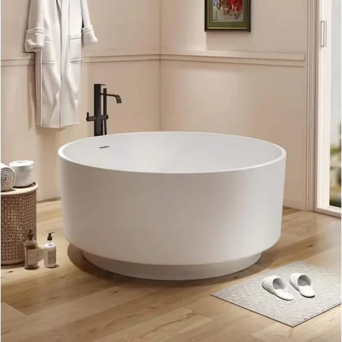 Moray 49 in. x 49 in. Stone Resin Flatbottom Round Solid Surface Freestanding Soaking Bathtub in White with Brass Drain
