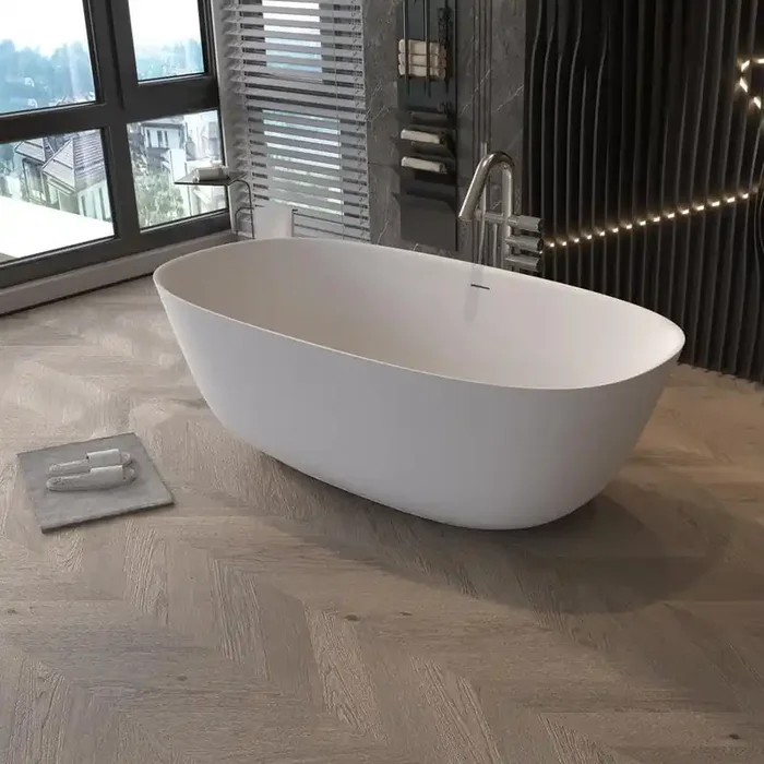 Moray 55 in. x 28 in. Solid Surface Stone Resin Flatbottom Freestanding Bathtub Soaking Bathtub in Matte White